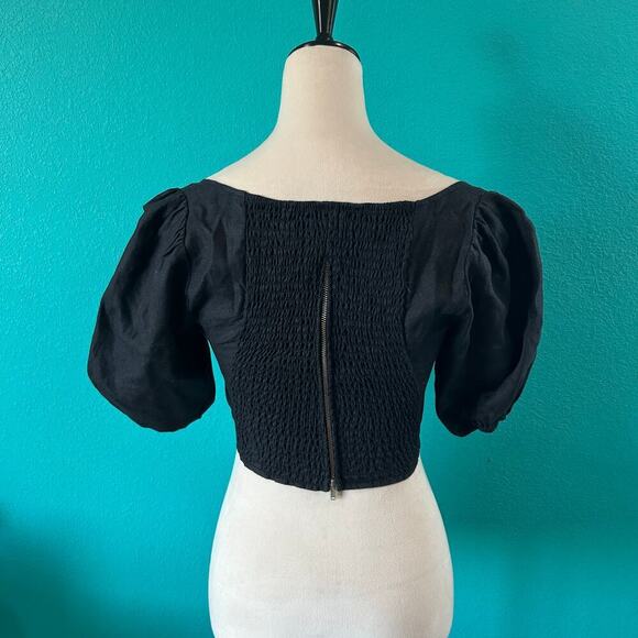 Reformation Yucca Black Linen Cropped Top Smocked Back Puff Sleeve Size 0 - Picture 3 of 5